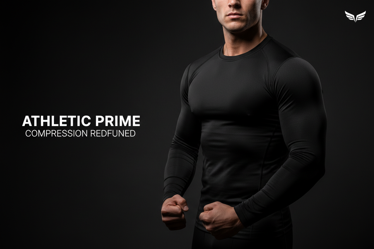Necesito que generes un banner para mi tienda de active wear, gym, accesorios de gym y wellness, que temga fondo oscuro y un hombre musculado, posando con la camiseta de compresion de manga larga negra como si fuese modelo